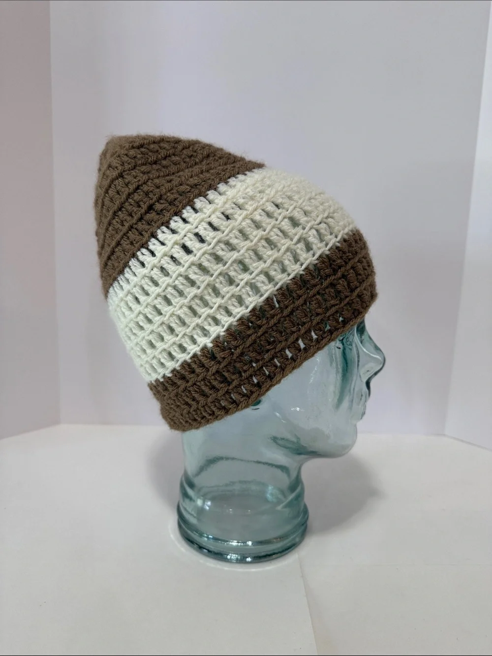 Striped Brown and Cream Crochet Beanie